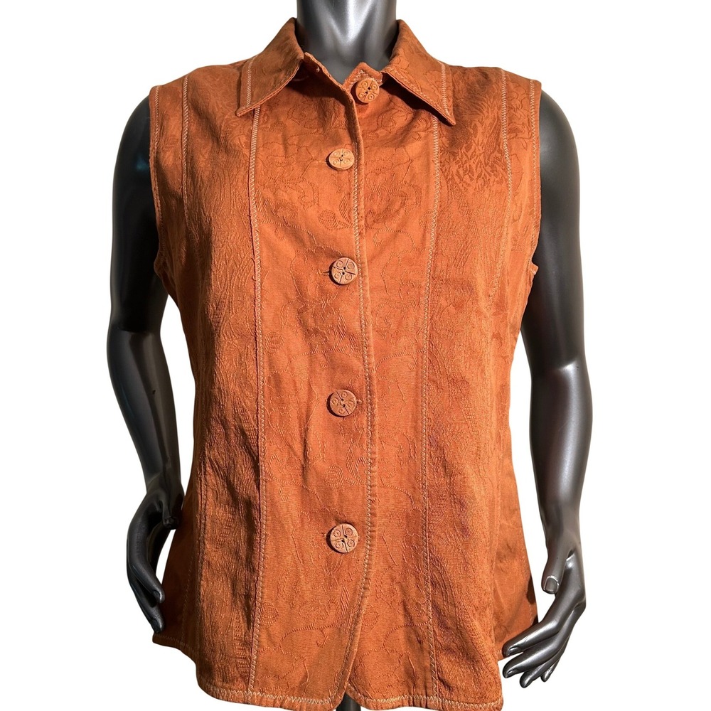 Coldwater Creek Womens Burnt Orange Floral Jacquard Cotton Vest Size Medium